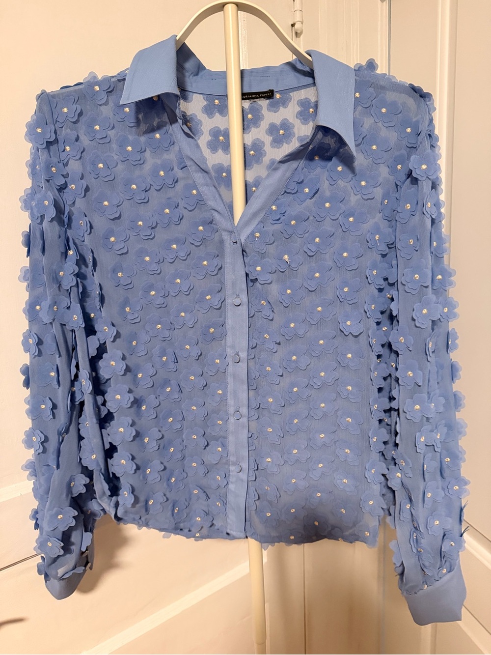 Adrianna Papell Light Blue Floral Appliqué Button-Down Blouse